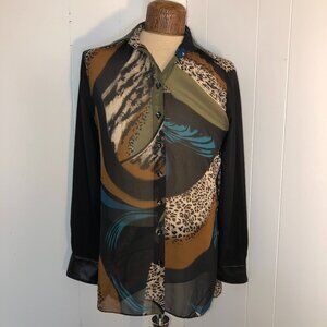 - Womens Black Sheer Faux Leather Trimmed Blouse. Me
